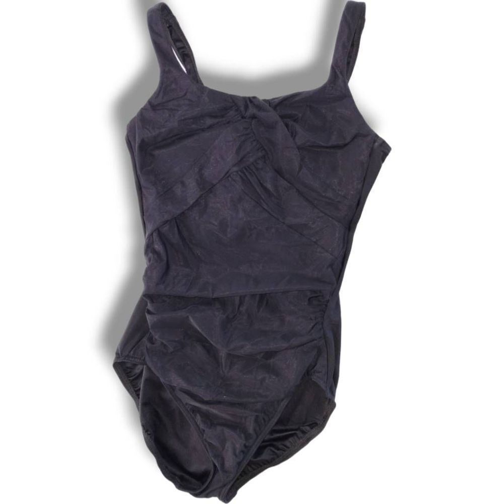 Lands End Womens Swimsuit Sz 10L Black One Piece Tummy Control Spandex Swimming